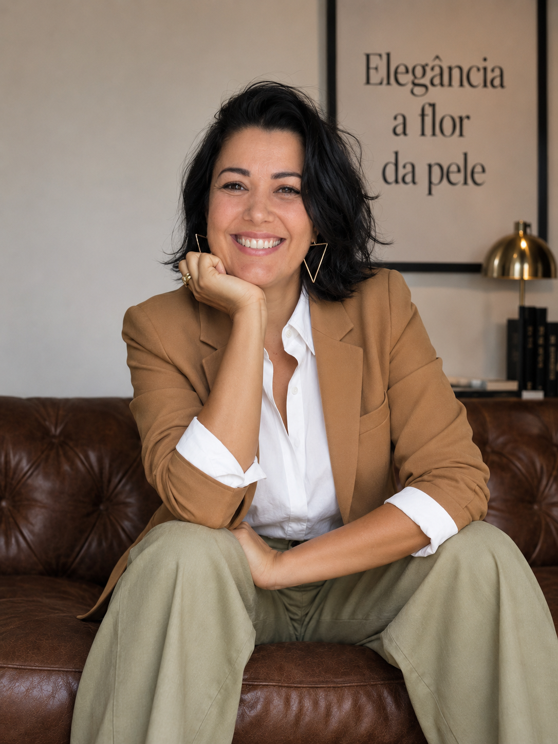 Dani Rosa sentada em um sofá de couro, com blazer caramelo e camisa branca